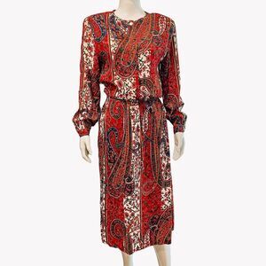 Vintage Leslie Fay Size 10 Floral Paisley 2 Pc Suit Blouse Skirt Set Pockets